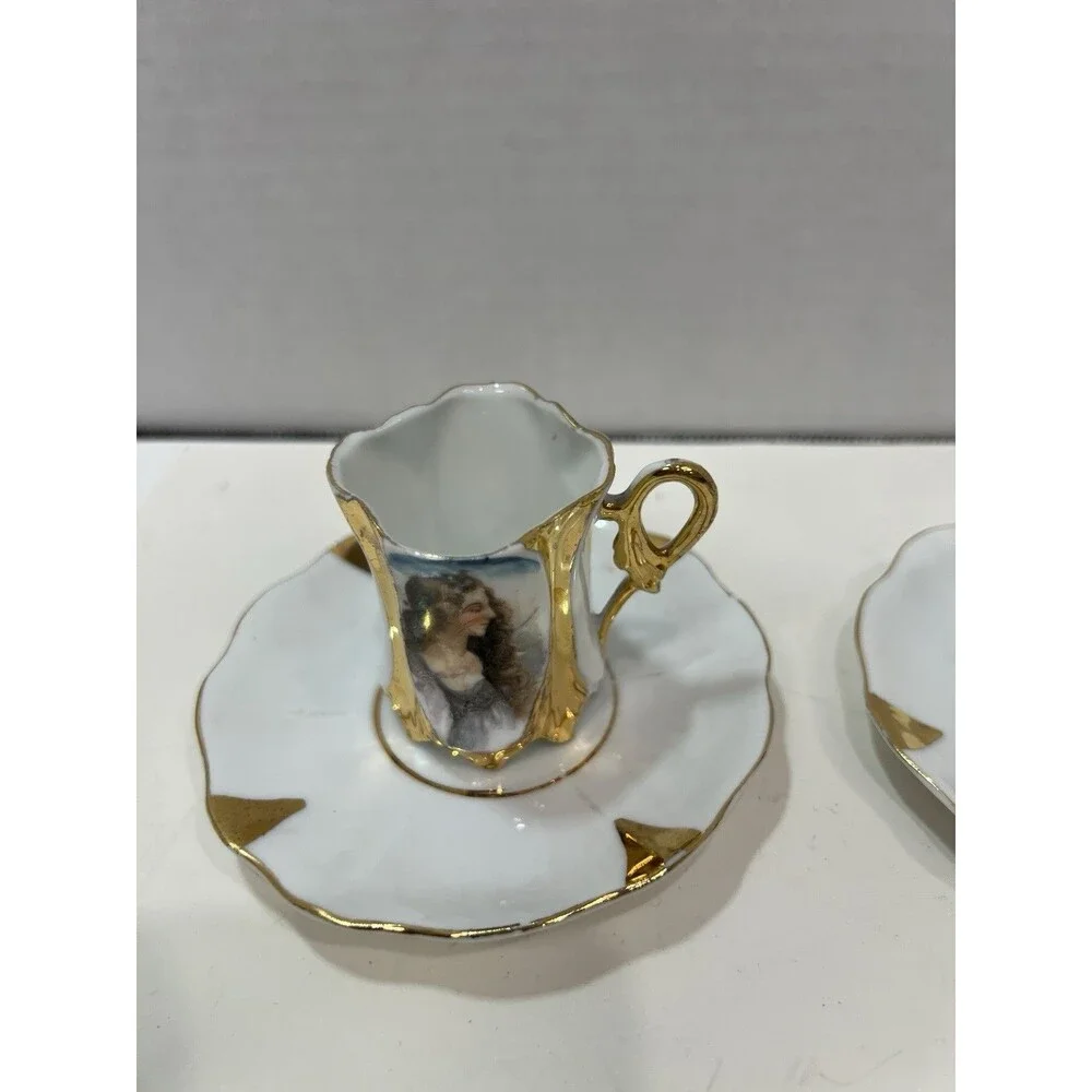 Vintage European Art Nouveau Portrait Demitasse Cups Saucers Mold 1066 Gilding